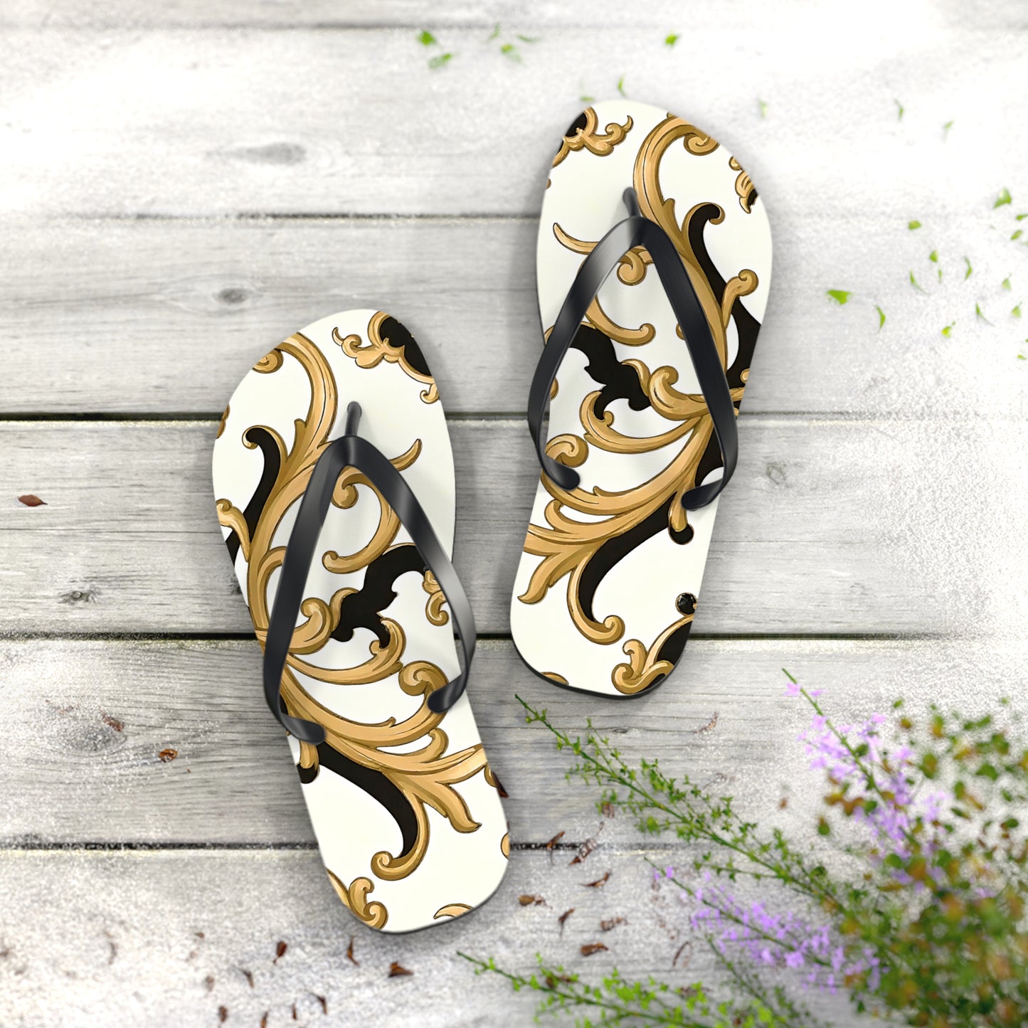 Elegant Floral Flip Flops, Beach Sandals, Summer Casual Footwear, Vacation Essentials, Poolside Accessories, Gift for Her - Black & Gold Rococo