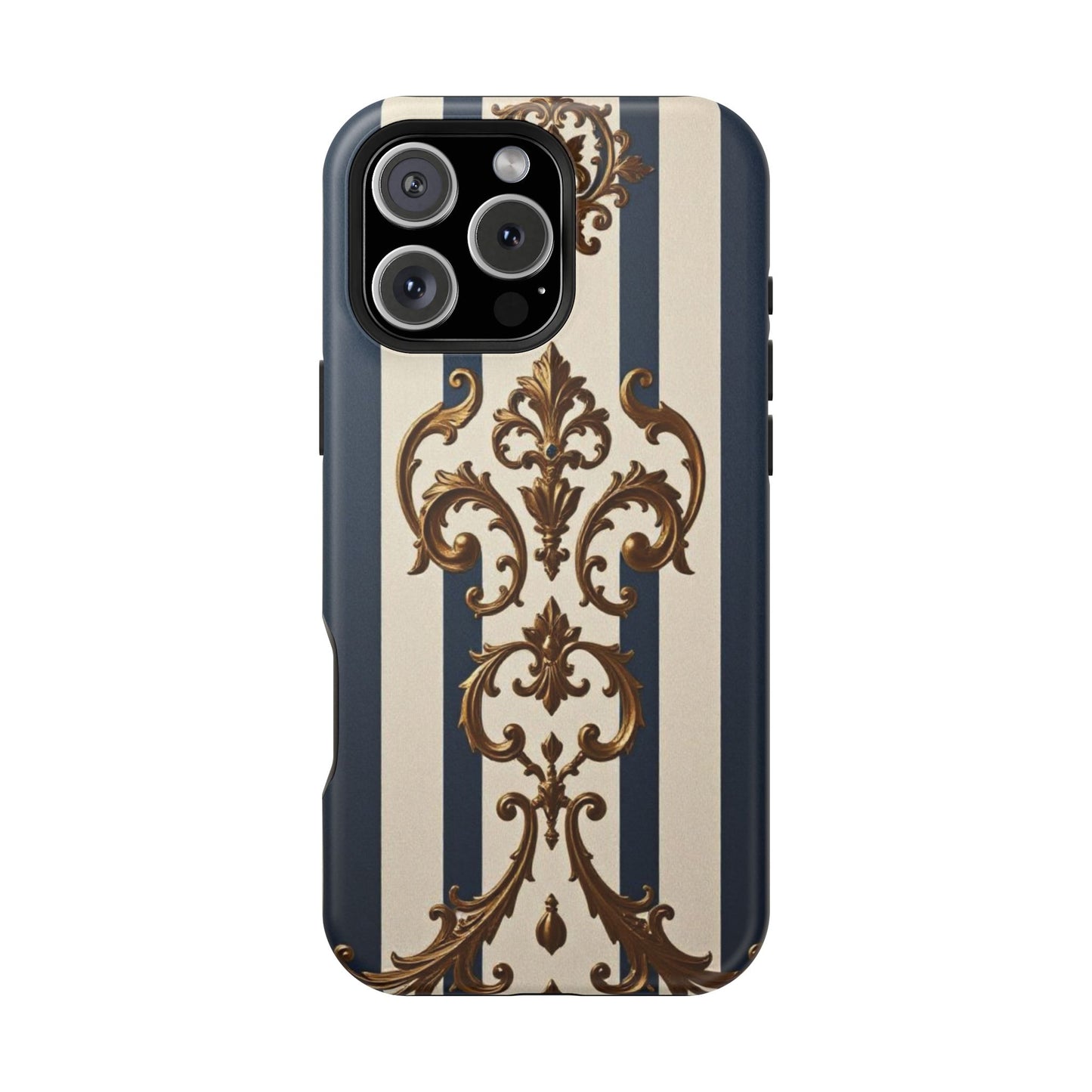 Elegant Striped Magnetic Tough Case - Classic Blue and Gold Damask Design