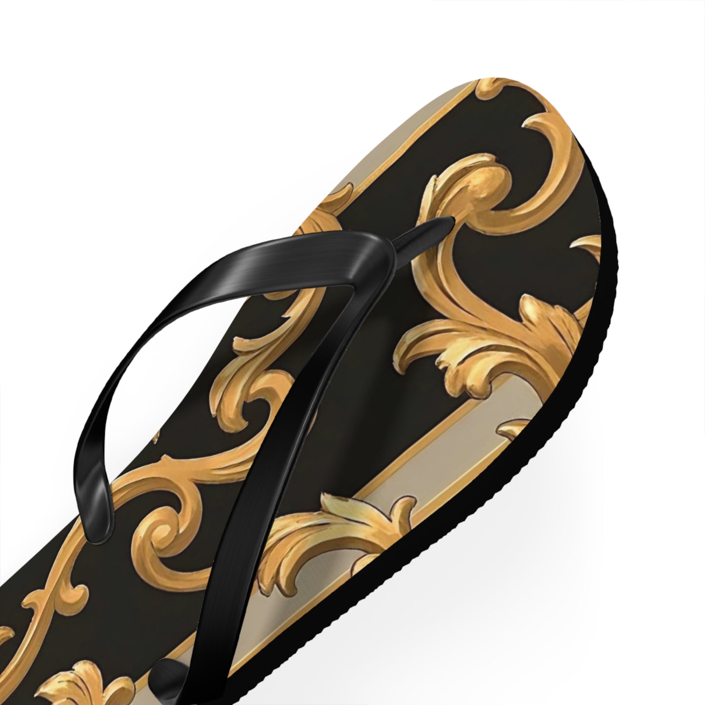 Stylish Flip Flops with Elegant Gold Design, Beachwear, Summer Sandals, Vacation Footwear, Poolside Essentials - Blue & Black Striped Rococo