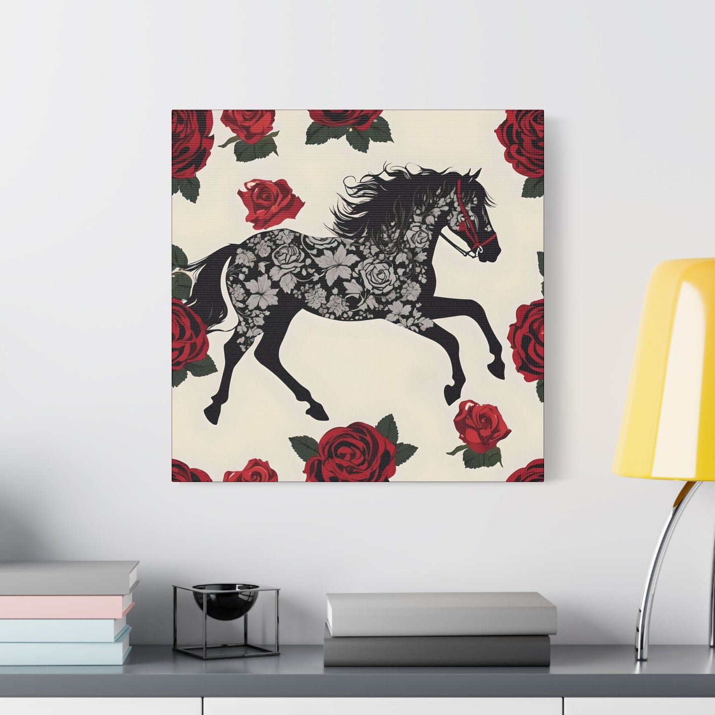 Art Print Canvas, Wall Decor, Satin Stretched Canvas, Equestrian Art, Office Decor, Home Decor - Horse & Roses