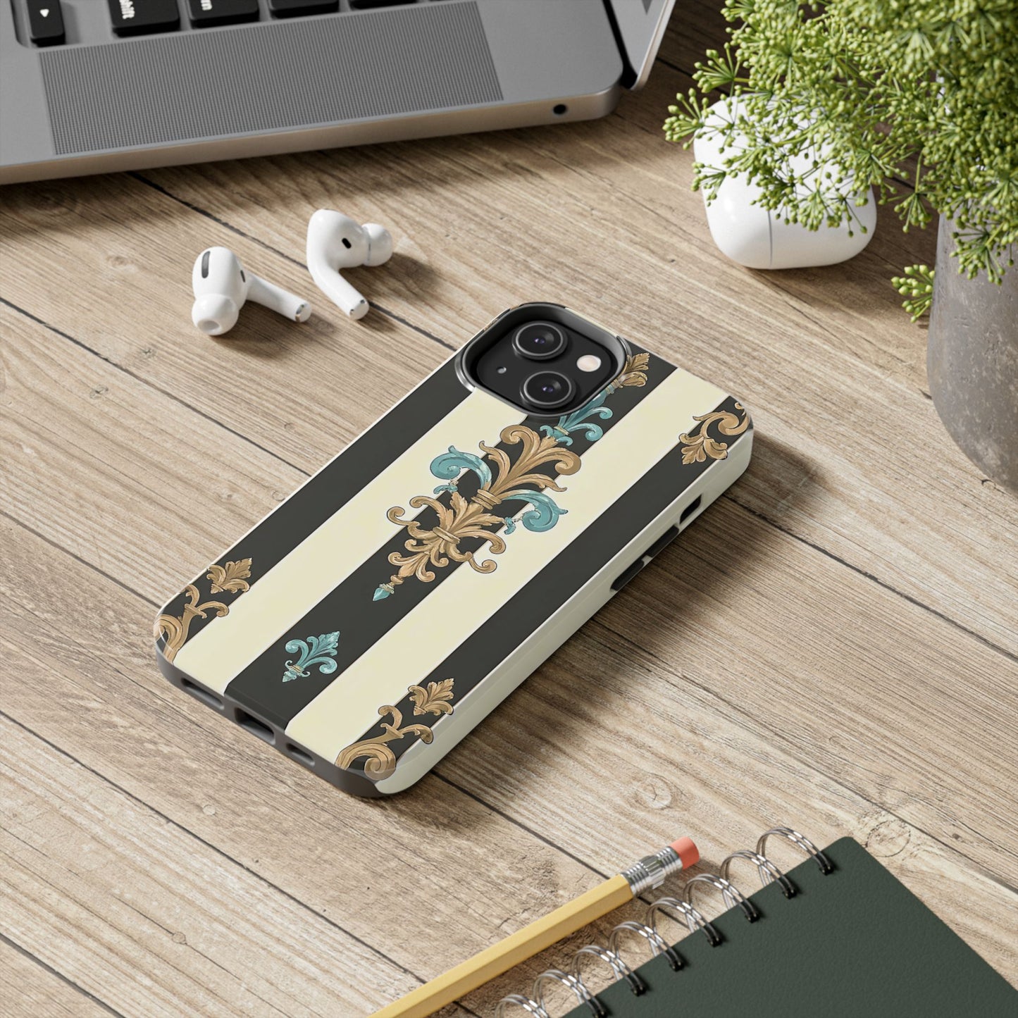 Elegant Vintage Tough Phone Cases, Stylish Phone Accessories, Quality Protection, Gifts for Her - Black Striped Turquoise & Black Rococo