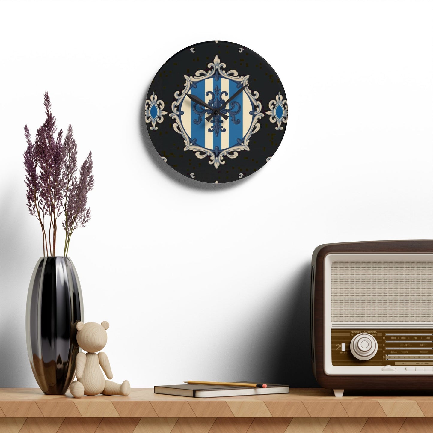 Elegant Blue Striped Baroque-Inspired Acrylic Wall Clock, Decorative Home Accessory, Unique Gift for Wedding, Housewarming, Stylish Decor