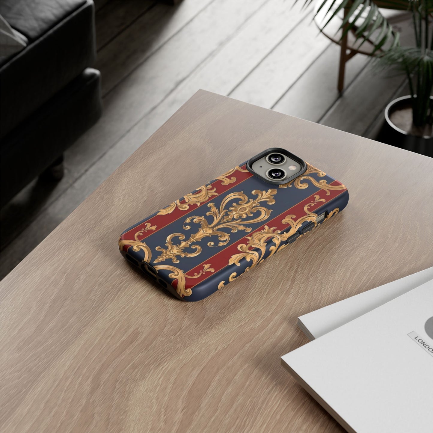 Elegant Floral Motif Phone Case - Tough Cases with Vintage Design - Midnight Blue & Dusk Red Striped Gold Damask