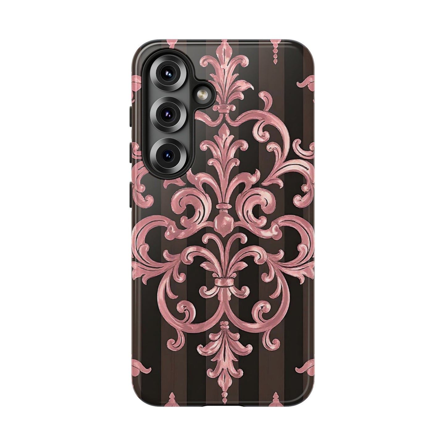 Elegant Floral Motif Phone Case - Tough Cases with Vintage Design - Brown Striped Mauve Damask