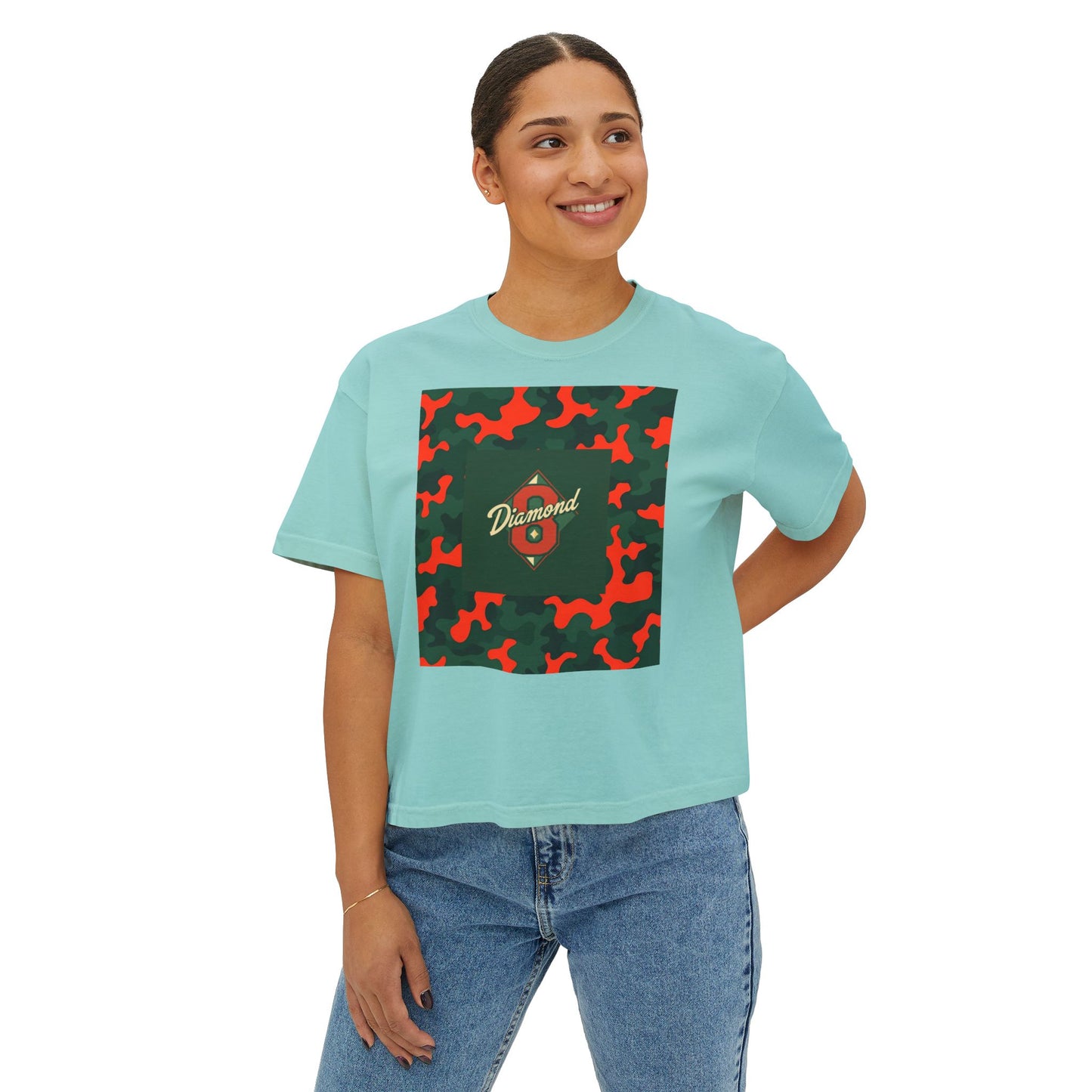 Stylish Women's Boxy Tee - Trendy Camo Print, Casual Summer Wear, Gift for Her, Streetwear Top - Green & Orange Camo Diamond 8