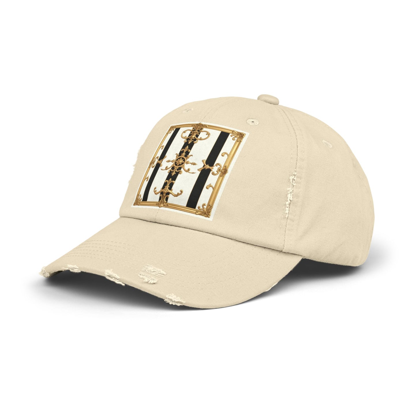 Stylish Distressed Cap with Unique Gold Design, Trendy Hat, Casual Wear, Gift for Him/Her - Black & White Striped Gold Baroque