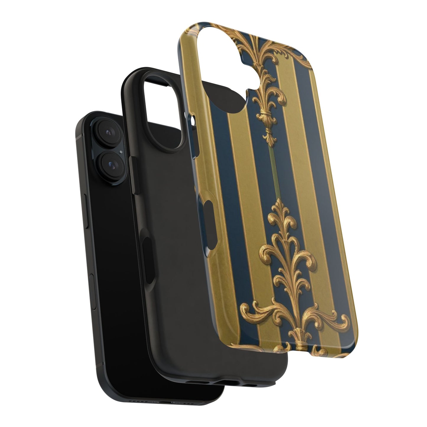 Elegant Midnight Blue & Olive Striped Gold Baroque Tough Phone Case, Phone Cover, Durable Case for Protection, Stylish Gift for Him/Her