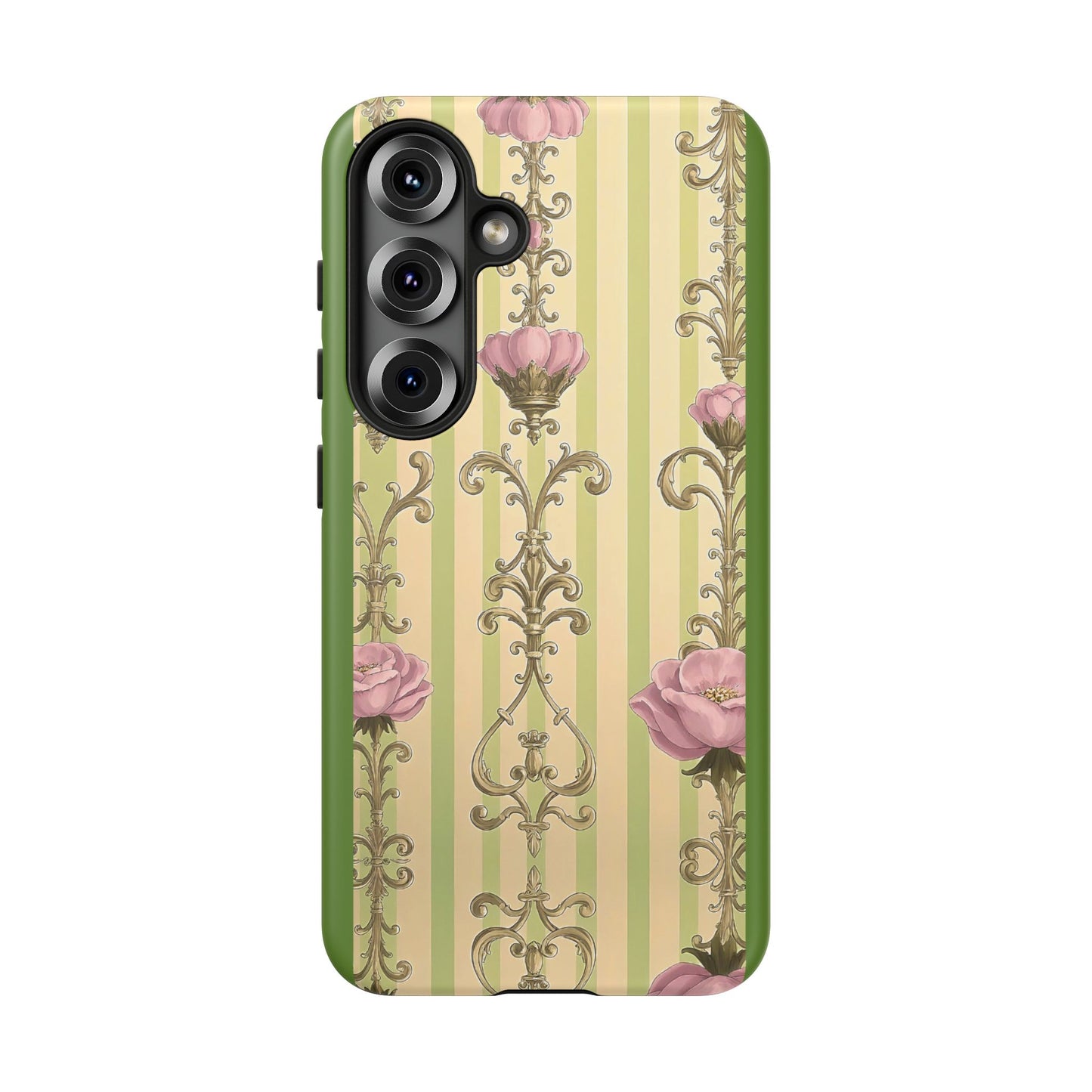 Elegant Floral Motif Phone Case - Tough Cases with Vintage Design - Lime Green & Pink Striped Damask