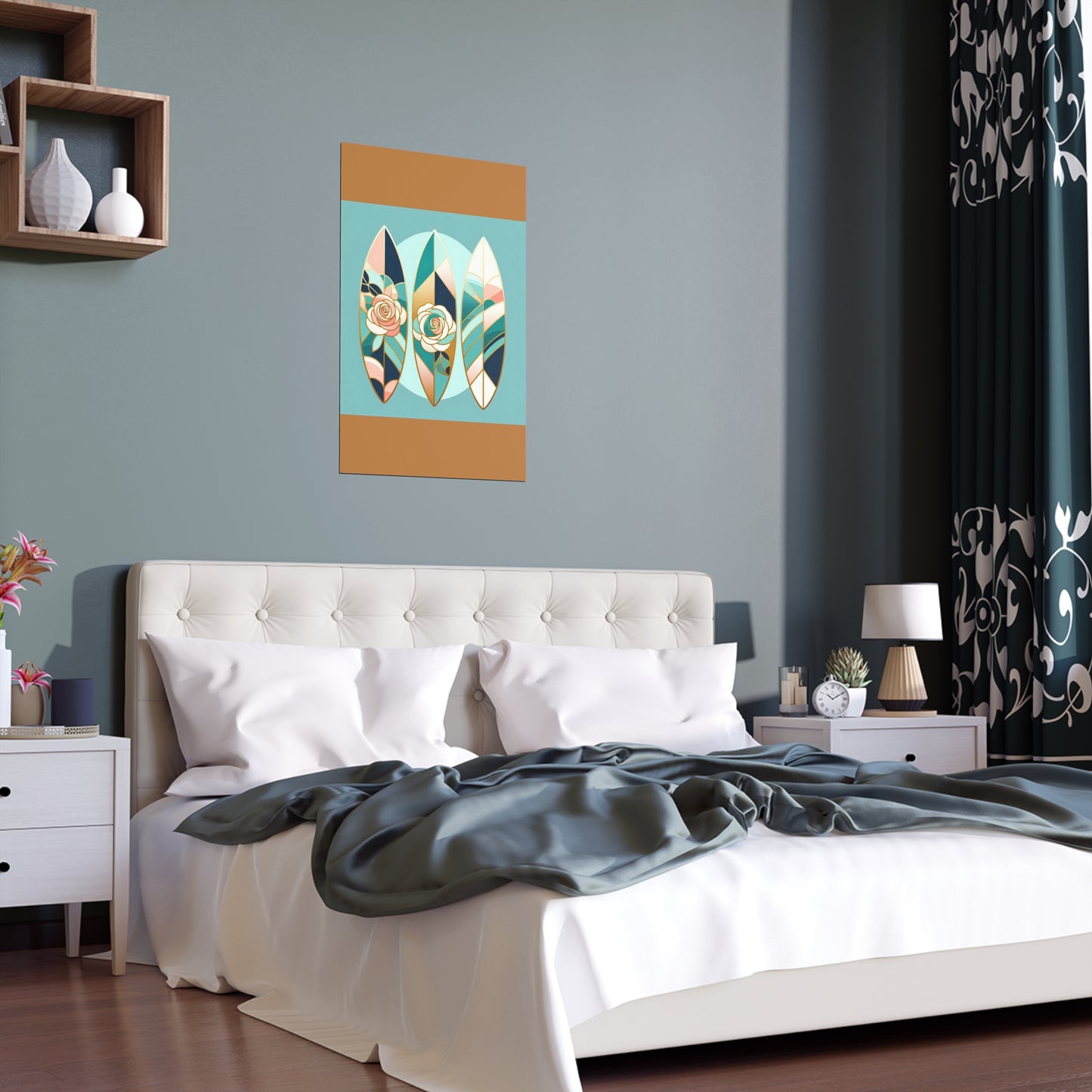 Elegant Floral Silk Poster - Indoor/Outdoor Wall Art for Home Decor - Blue, Pink & Aqua Surfboard & Roses