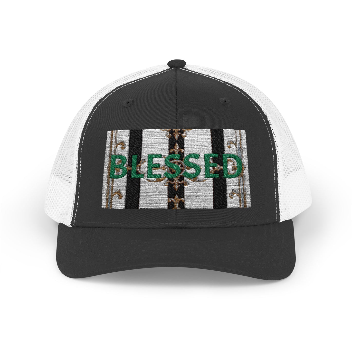 Blessed Snapback Trucker Cap | Casual Style, Outdoor Gear, Faith-Based Gift, Adjustable Hat, Everyday Fashion - Black & White Striped Gold Baroque