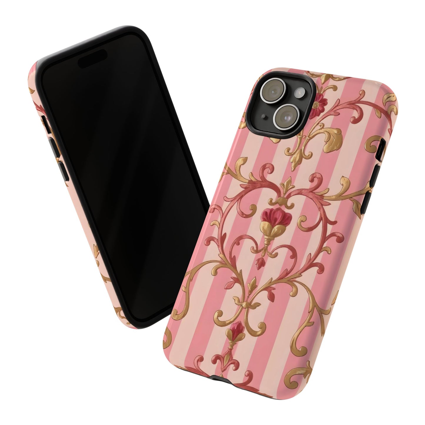 Elegant Floral Motif Phone Case - Tough Cases with Vintage Design - Pink Striped Rose Gold Damask