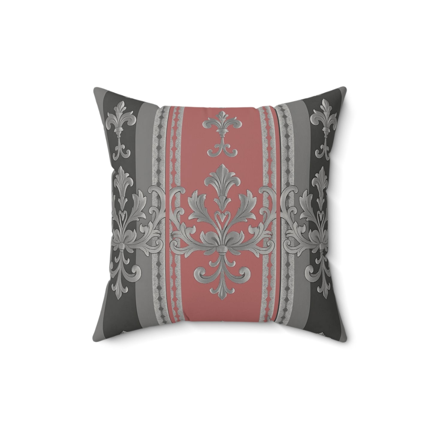 Elegant Faux Suede Square Pillow with Decorative Print - Gray & Mauve Striped Baroque