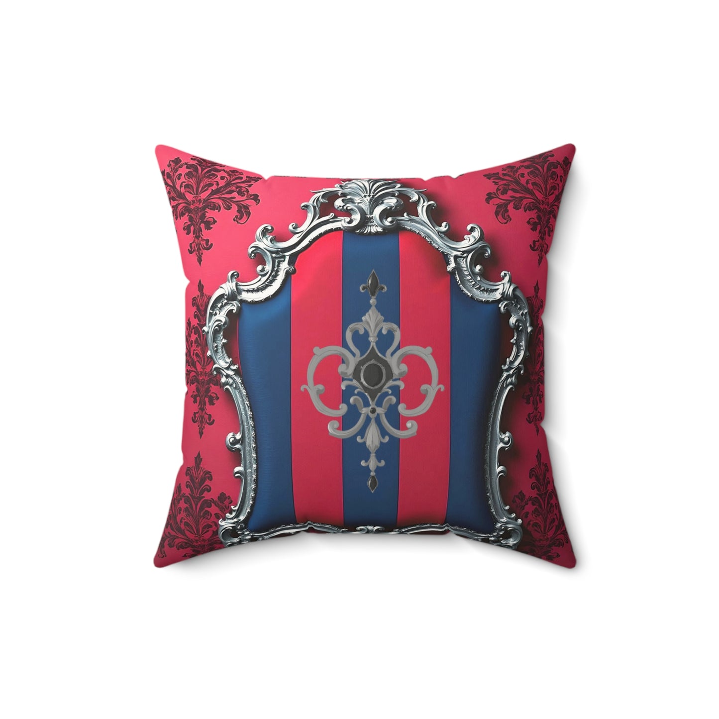Luxurious Faux Suede Square Pillow with Elegant Pattern, Home Decor, Sofa Accent, Living Room Accent - Blue & Red Striped Silver Crest