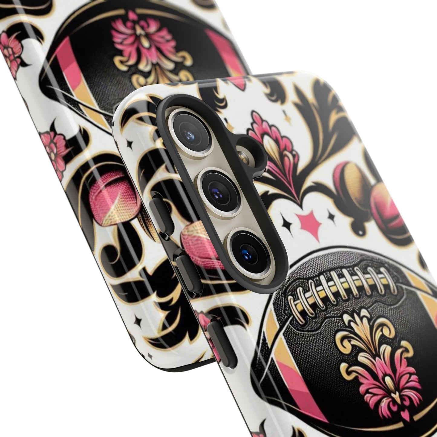 Elegant Floral Motif Phone Case - Tough Cases with Vintage Design - Damask White, Pink Gold & Black Football