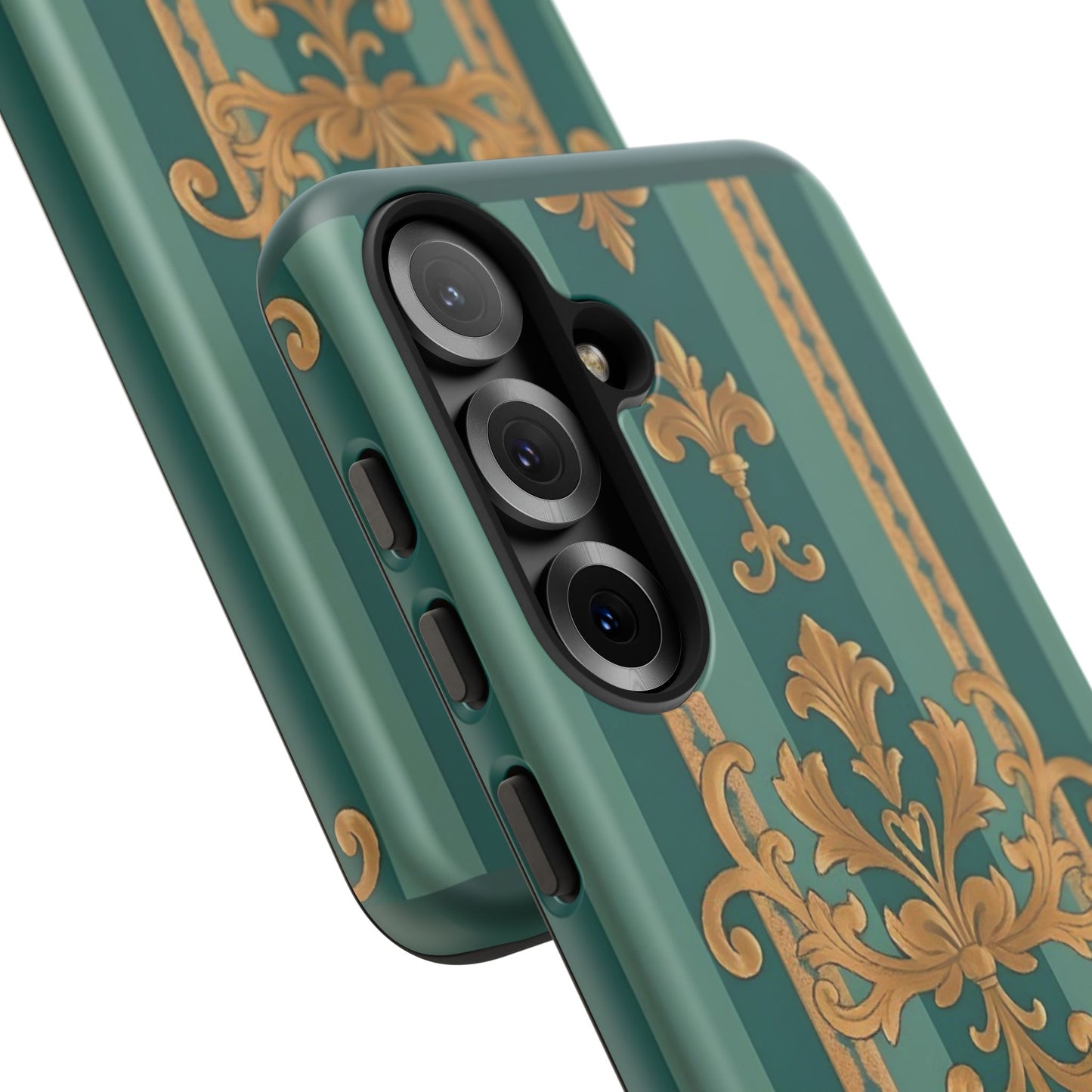 Elegant Floral Motif Phone Case - Tough Cases with Vintage Design - Teal Striped Gold Damask