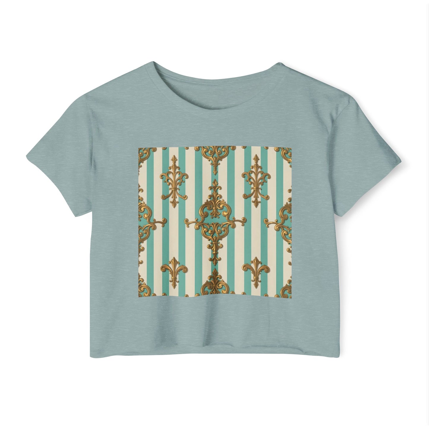 Boho Chic Women's Festival Crop Top - Trendy Summer Wear, Beach Party Fashion - Matte Green Striped Rococo