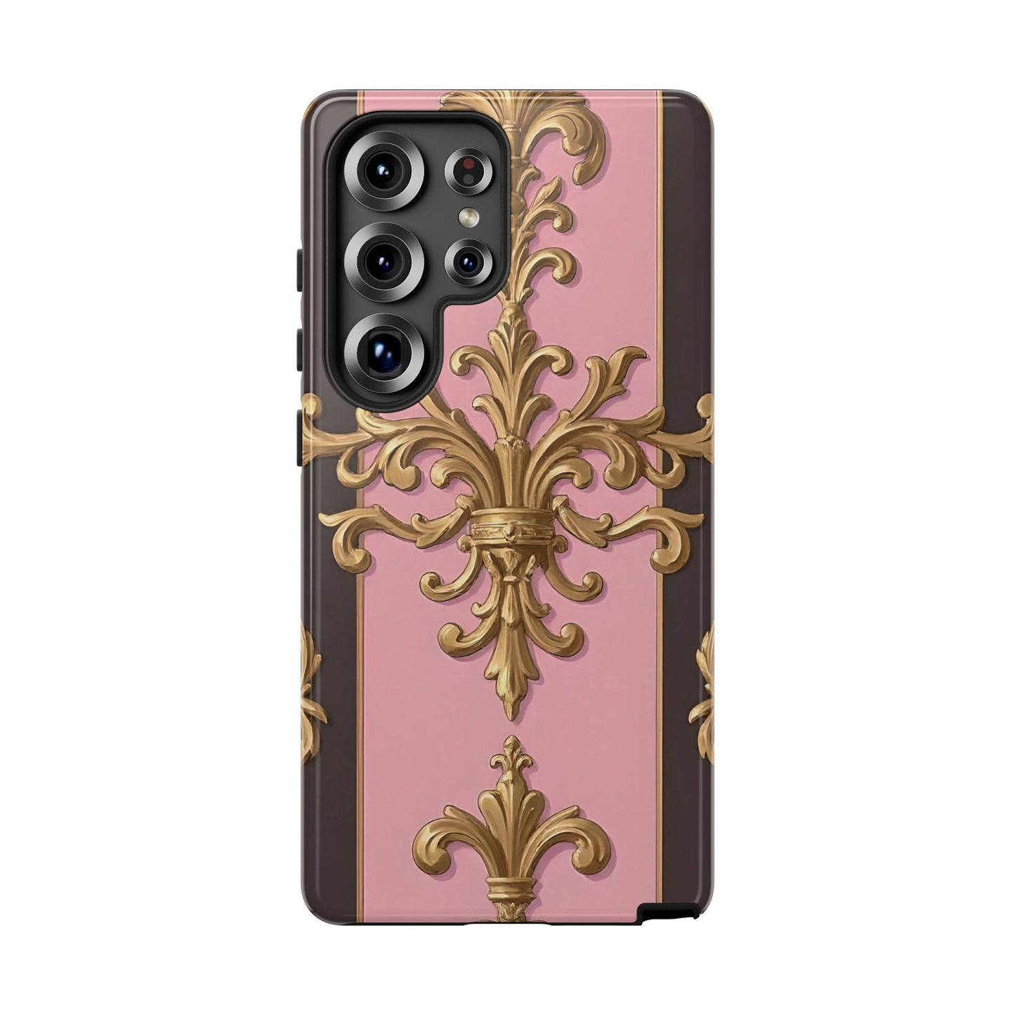 Elegant Floral Motif Phone Case - Tough Cases with Vintage Design - Pink & Brown Striped Gold Damask