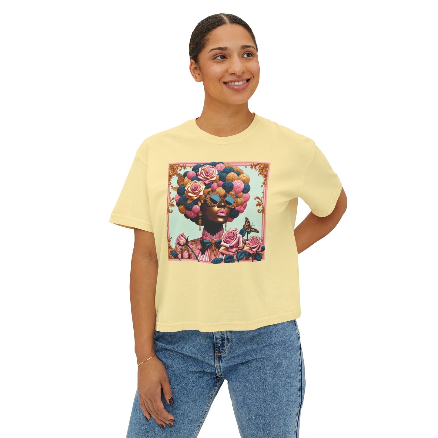 Colorful Afro Woman Boxy Tee, Feminine Graphic T-Shirt, Trendy Casual Wear, Gift for Her, Summer Outfit - Lady In Pink Baroque