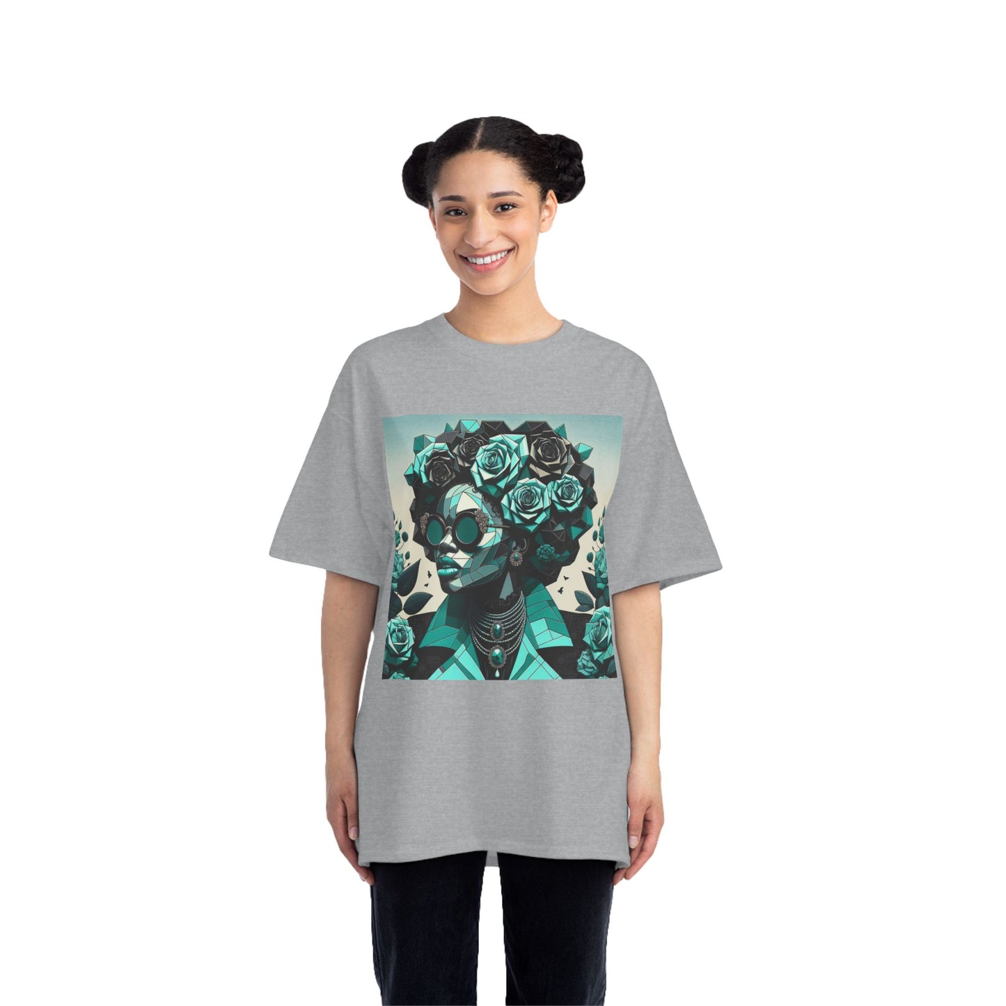 Trendy Floral Graphic Tee | Artistic Short-Sleeve Shirt, Fashionable Summer Top, Chic Gift for Her - Turquoise & Black Roses Lady