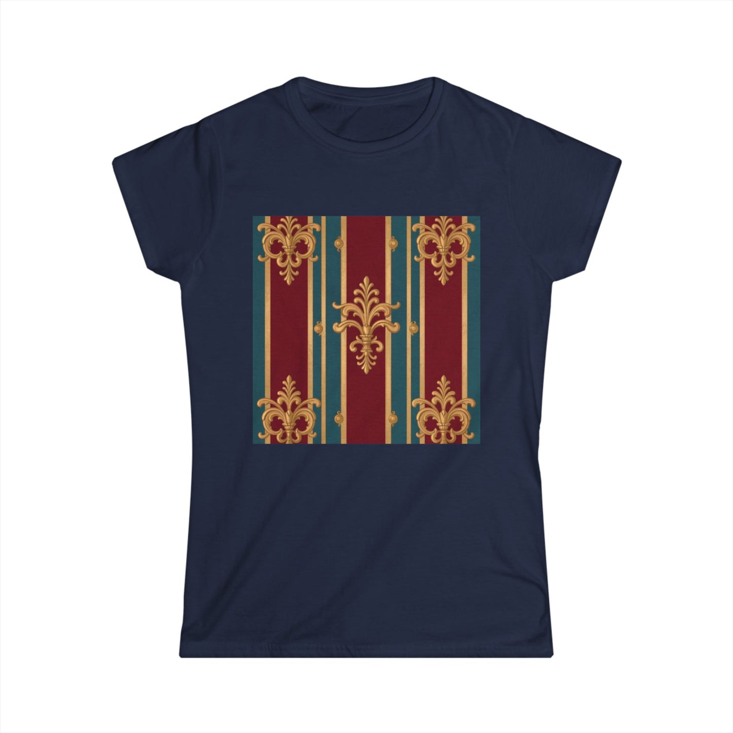 Elegant Floral Design Women's Softstyle Tee - Casual Wear, Gift for Her, Birthday, Summer Fashion - Burgundy Striped Gold Baroque