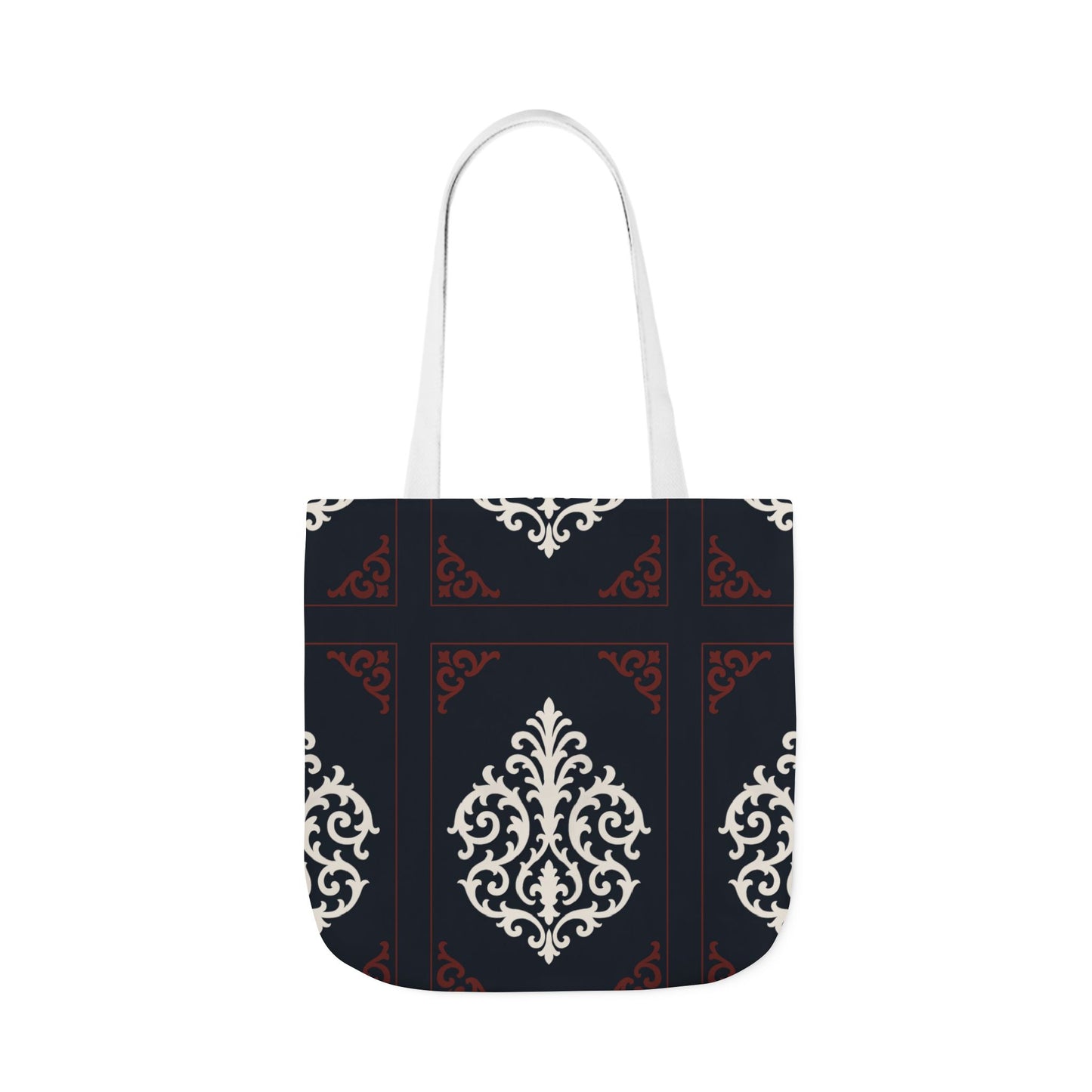 Dusk Blue-Maroon & White Baroque Pattern Canvas Tote Bag — Elegant Dusk Blue & White Reusable Market Bag