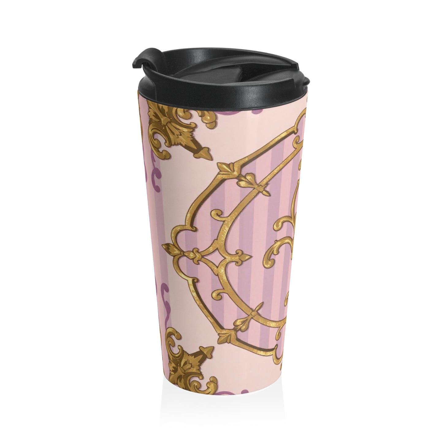 Elegant Lavender & Alabaster Striped Gold Baroque Vintage Inspired Stainless Steel Travel Mug | Perfect for Coffee Lovers, Gift for Her, Bridal Shower