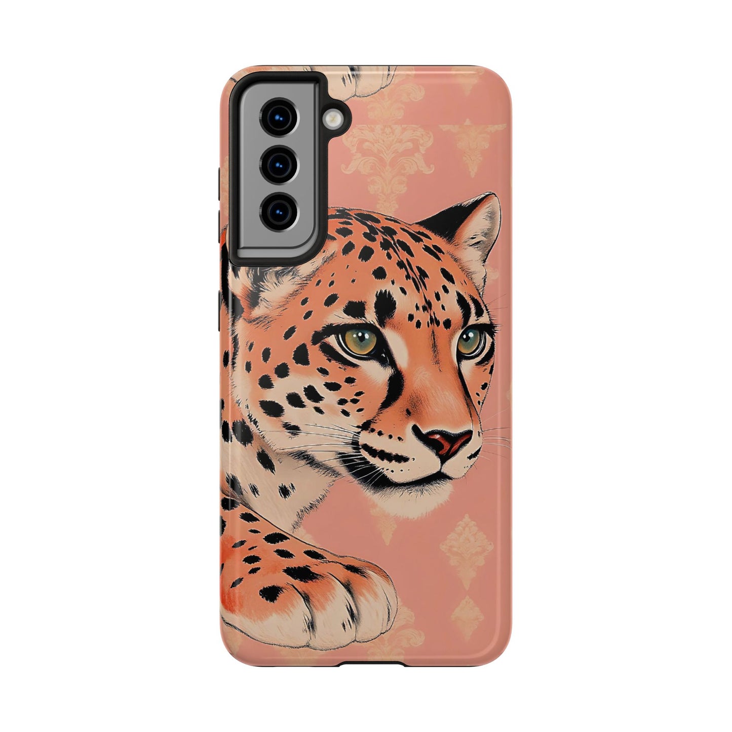 Leopard Tough Phone Case - Trendy Floral Motif Design for Animal Lovers - Peach Leopard & Damask