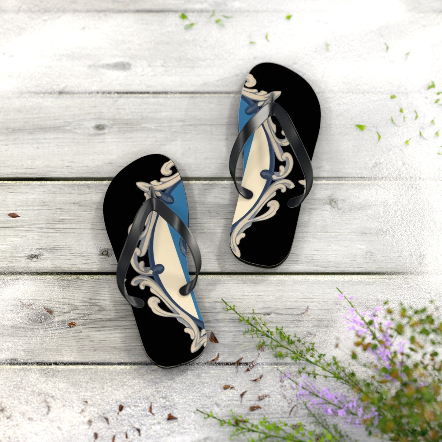 Stylish Blue & Alabaster Striped Baroque Beach Flip Flops, Summer Footwear, Vacation Sandals, Casual Footwear, Pool Party Essentials