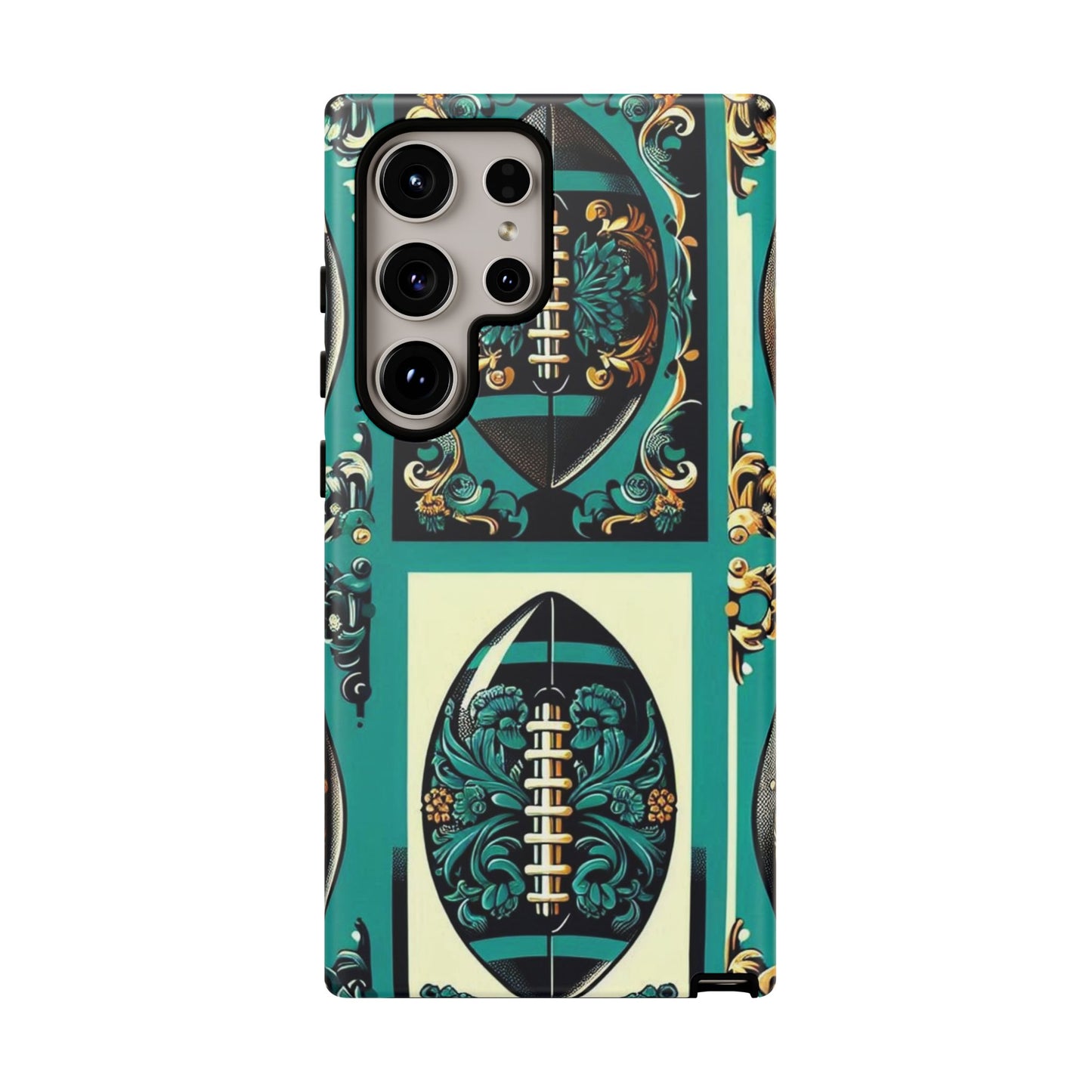 Elegant Floral Motif Phone Case - Tough Cases with Vintage Design -  Damask Teal, Gold & Black Footballs