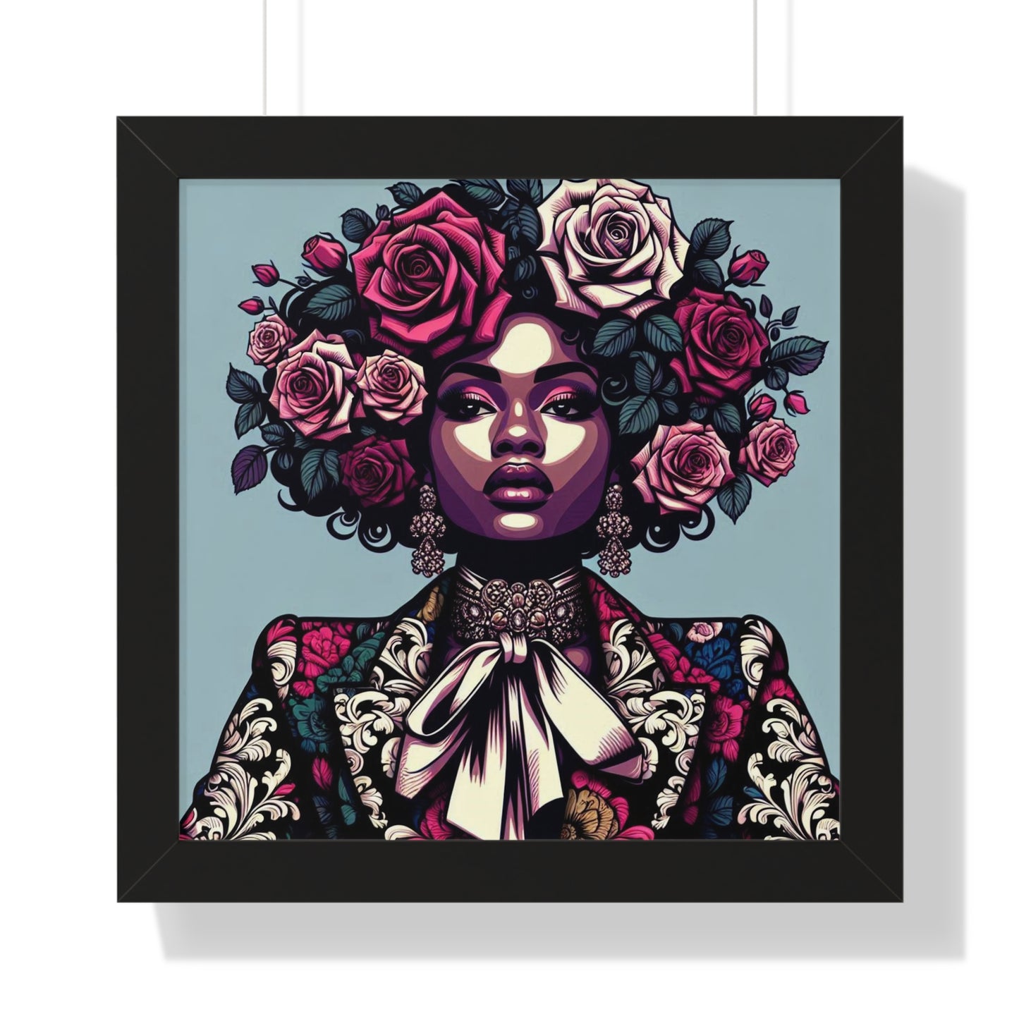Vertical Poster -  Lady In Damask Suit & Roses Wall Art