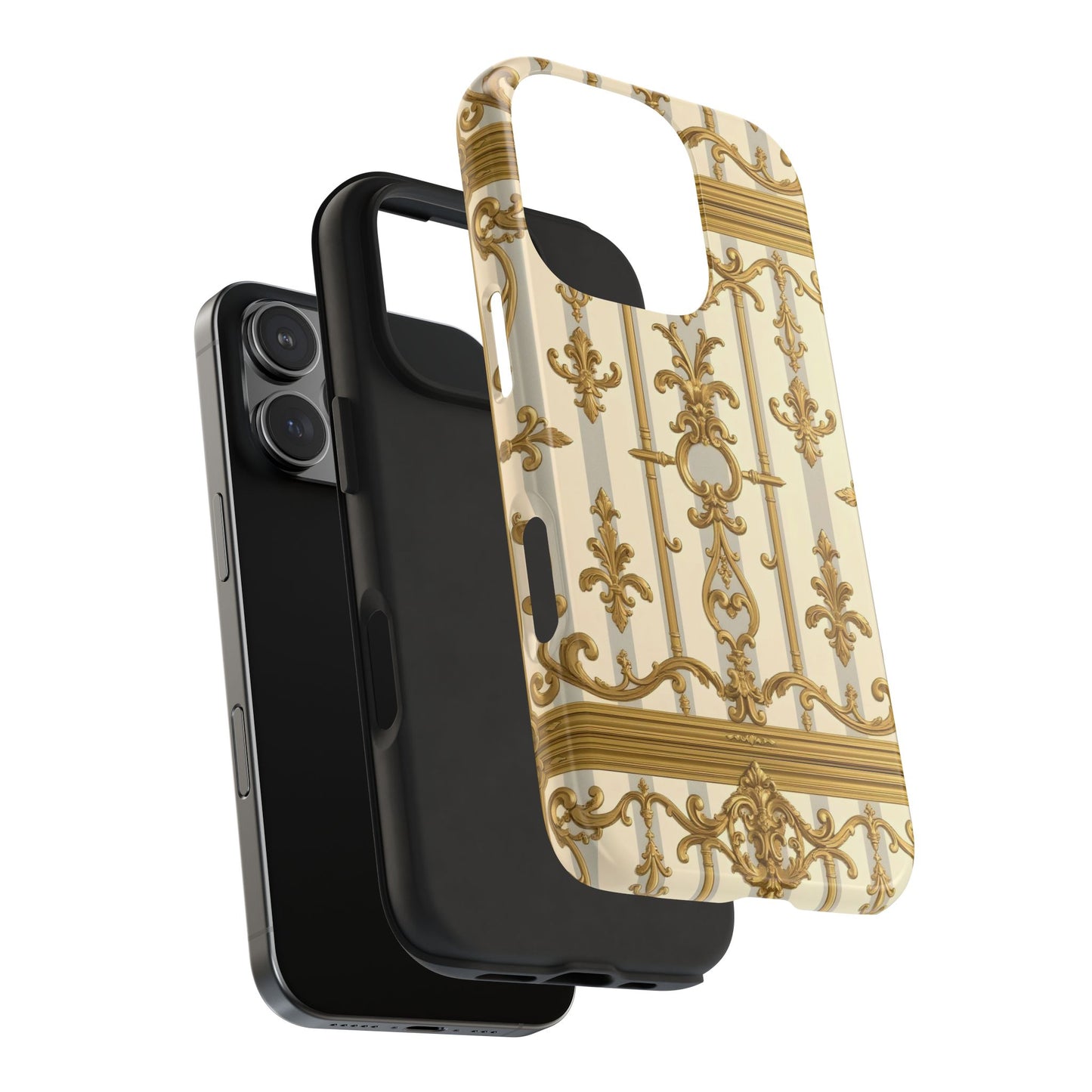 Elegant Gold Pattern Tough Phone Cases | Stylish Phone Covers, Trendy Cell Phone Accessories - Matte Gray & Cream Striped Gold Baroque