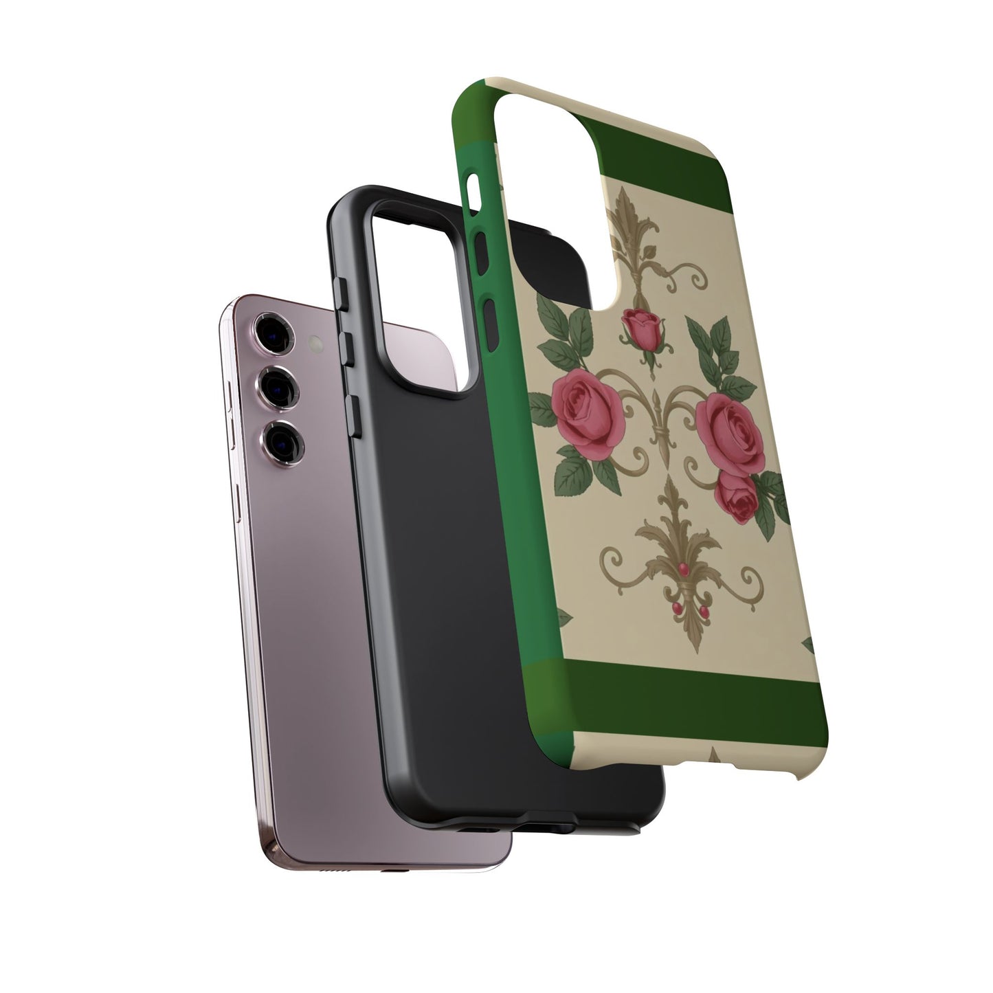 Elegant Floral Motif Phone Case - Tough Cases with Vintage Design - Green Border Roses & Damask