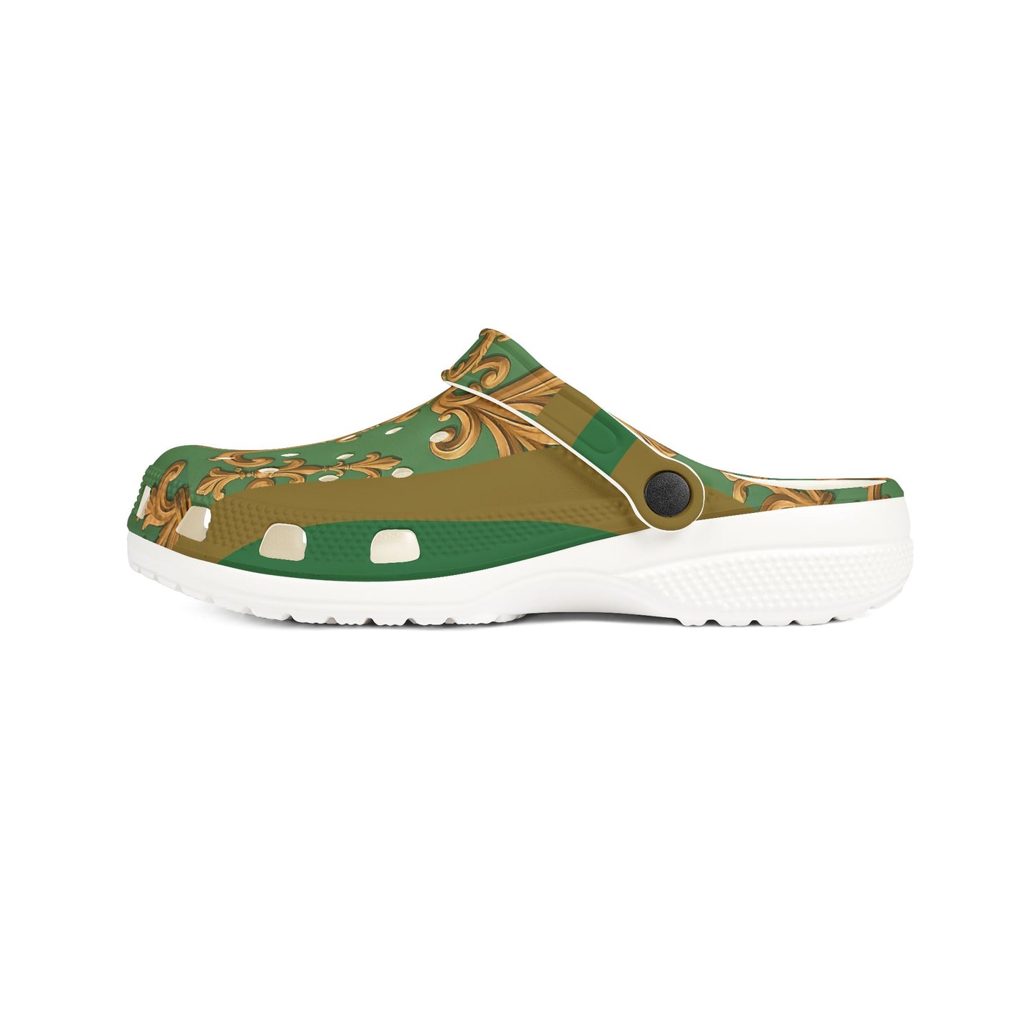 Elegant Green Patterned EVA Foam Clogs, Stylish Footwear, Comfortable House Shoes, Garden Mules - Olive Green Striped Rococo