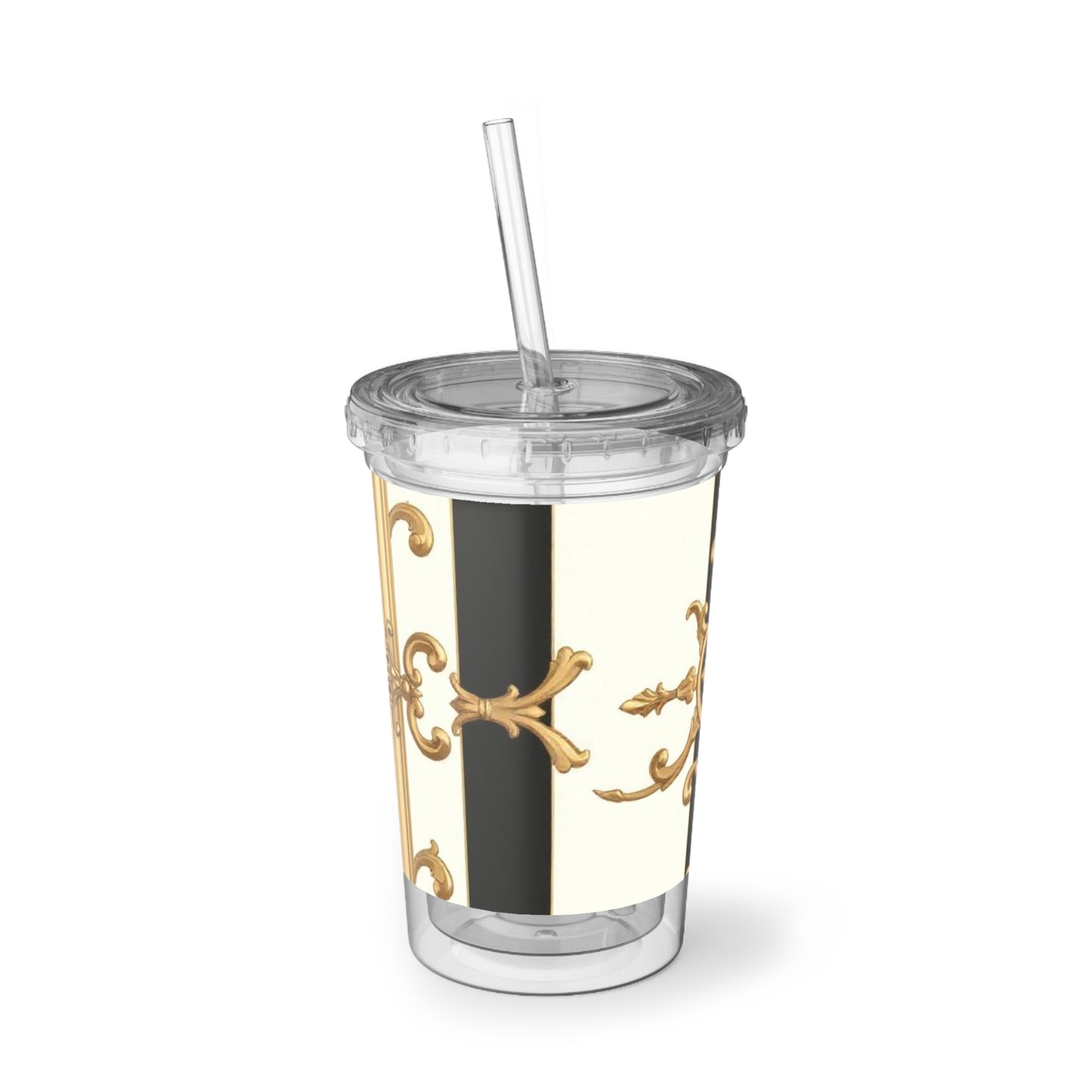 Elegant Gold Accent Acrylic Cup, Insulated Travel Mug, Stylish Coffee Cup, Decorative Tumblers for Gifts - Black & White Striped Gold Baroque