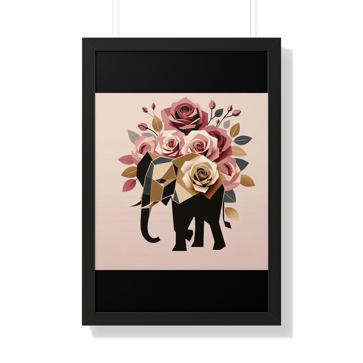 Vertical Poster - Black & Gold Elephant & Roses Wall Art