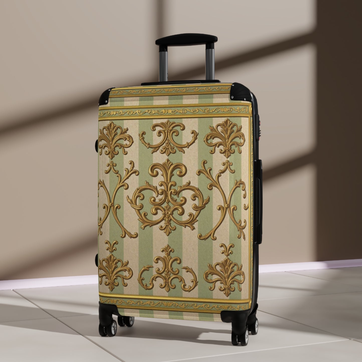 Elegant Travel Suitcase with Vintage Design, Stylish Luggage for Travelers, Perfect Gift for Holidays - Mint & Beige Striped Gold Baroque