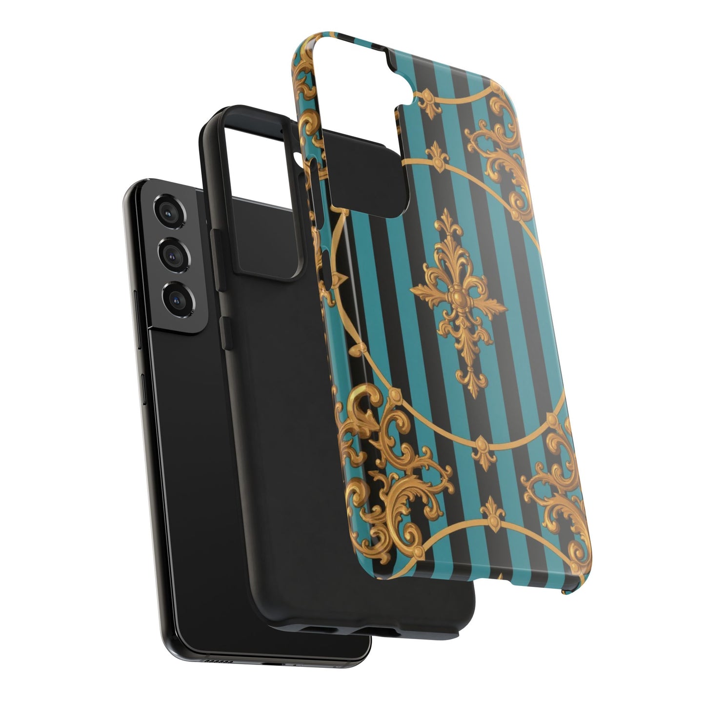 Elegant Turquoise & Black Striped Gold Baroque Phone Case, Tough Phone Cases for Fashion Lovers, Gift for Her, Luxury Accessories