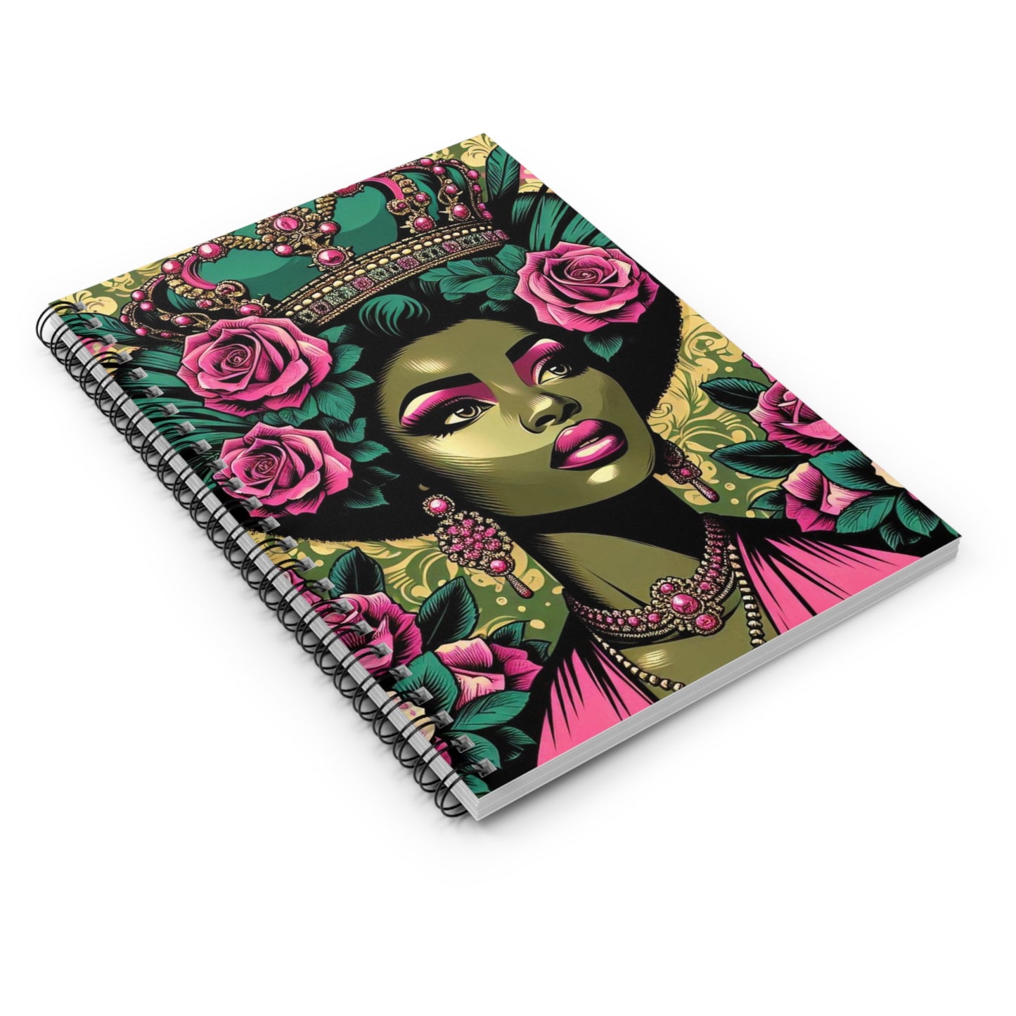 Elegant Vintage Spiral Notebook - Ruled Line with Olive Lady & Damask Design