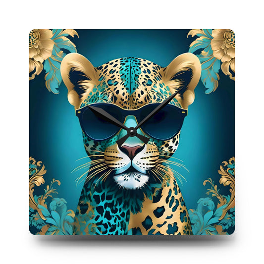 Animal Lover Wall Clock - Aqua & Gold Leopard In Shades - Fun & Elegant Art Design