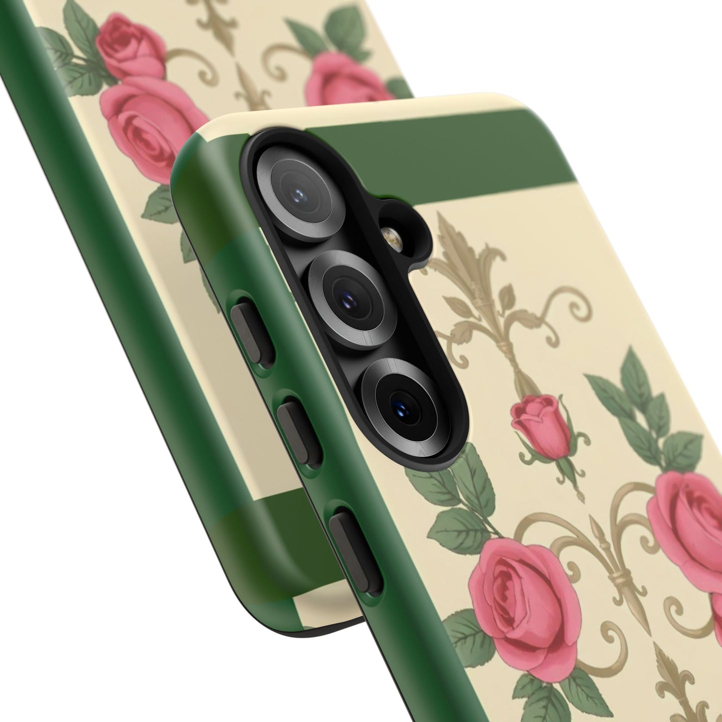 Elegant Floral Motif Phone Case - Tough Cases with Vintage Design - Green Border Roses & Damask
