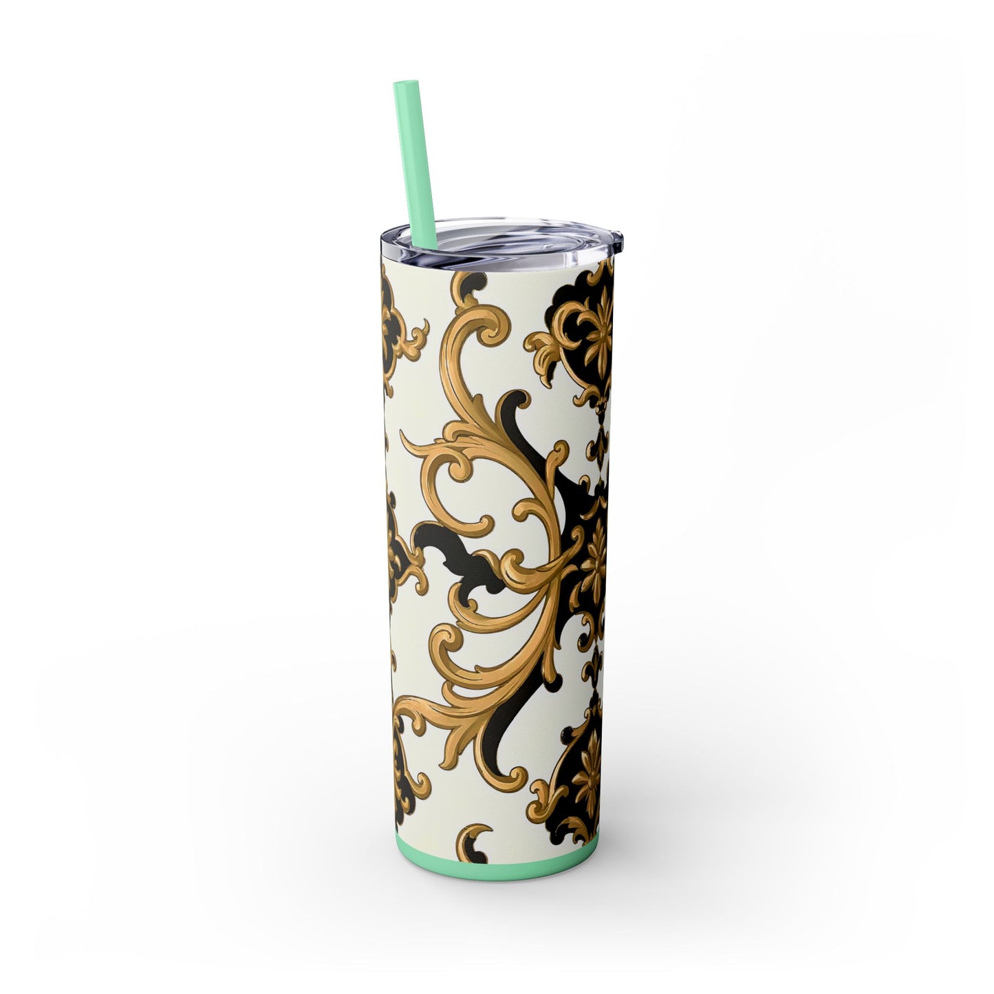 Elegant Gold Floral Skinny Tumbler, 20oz | Insulated Cup for Hot & Cold Drinks, Travel Mug, Gift for Mom, Stylish Drinkware - Black & Gold Rococo