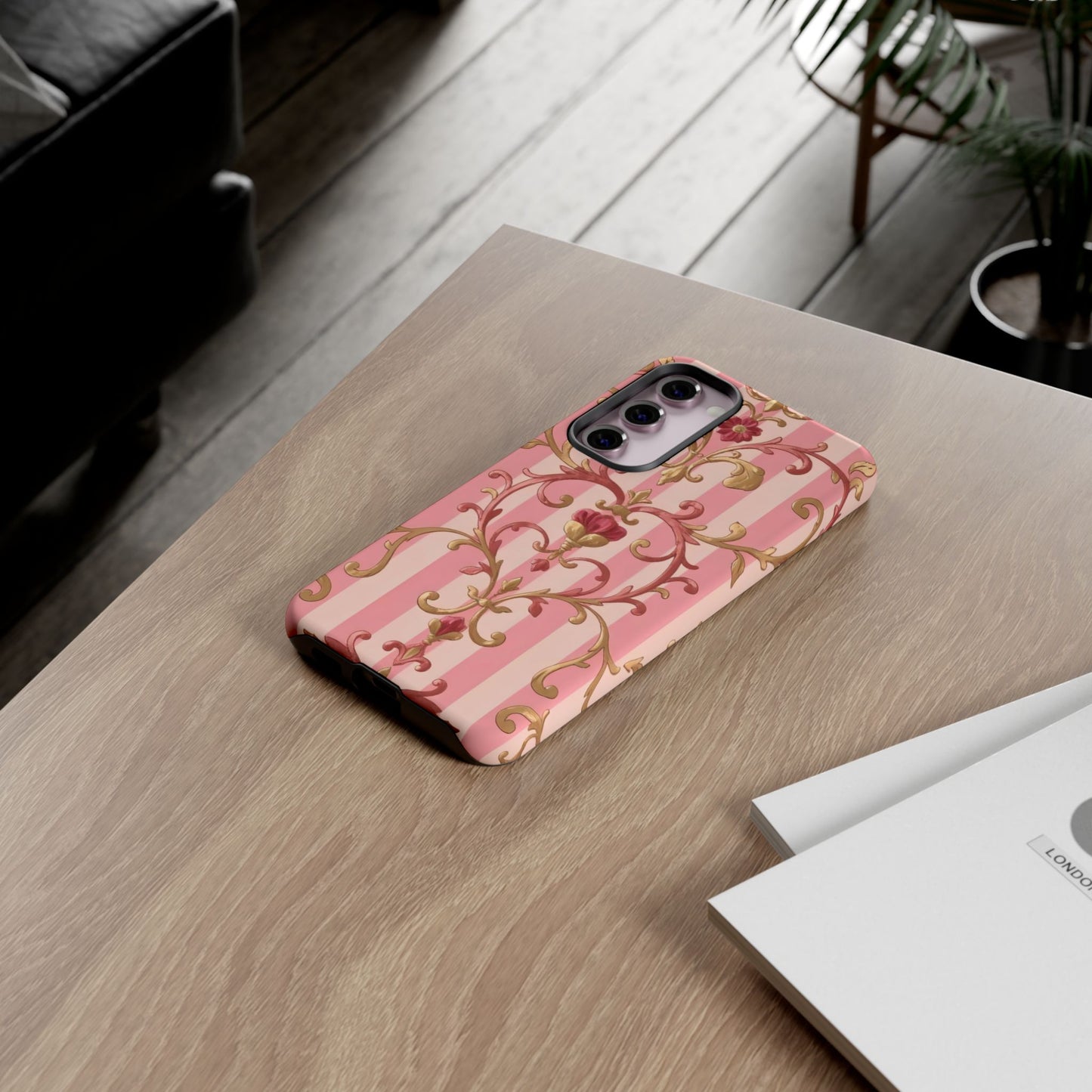 Elegant Floral Motif Phone Case - Tough Cases with Vintage Design - Pink Striped Rose Gold Damask