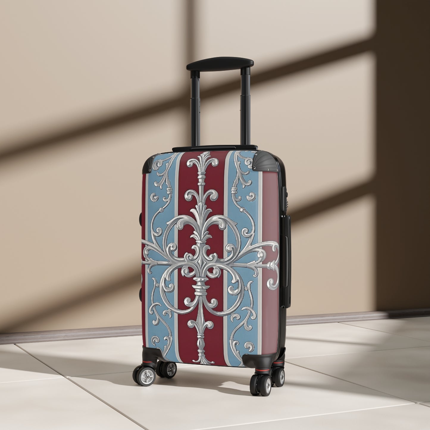 Stylish Travel Suitcase with Elegant Floral Design - Ice Blue & Burgundy Striped Baroque