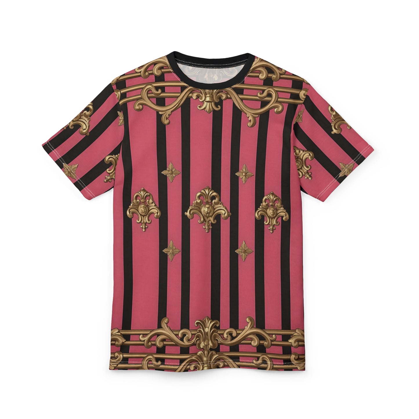 Luxurious Baroque Pattern Unisex Tee, Fashion Tee, Graphic T-shirt, Gift for Her, Statement Tee, Casual Wear - Pink Striped Gold Rococo