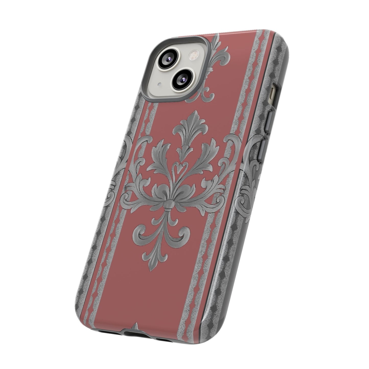 Elegant Floral Phone Case - Tough Cases for Stylish Protection - Gray & Mauve Striped Baroque