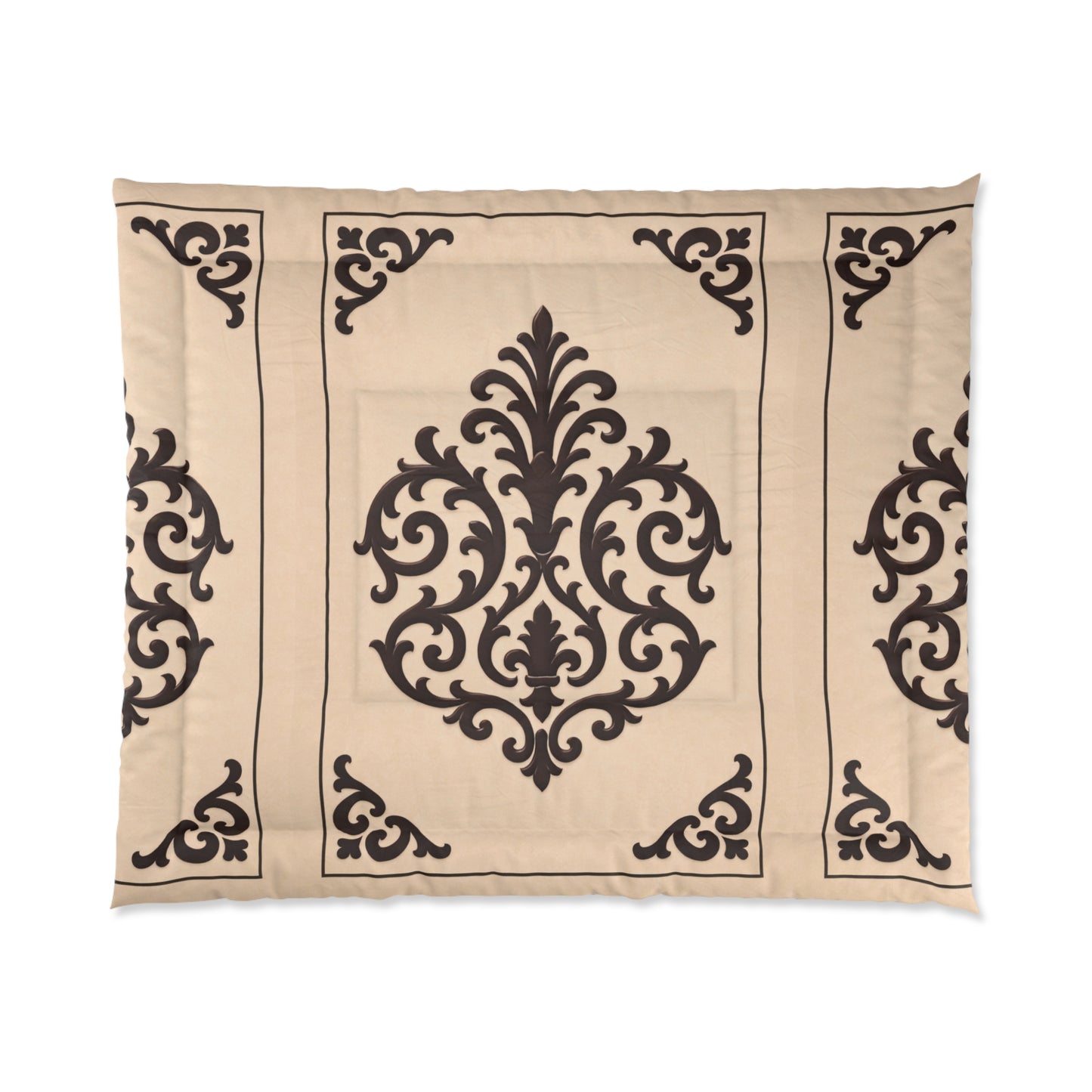 Almond-Beige & Brown Baroque Tile Comforter – Classic Beige & Espresso Decorative Bedding