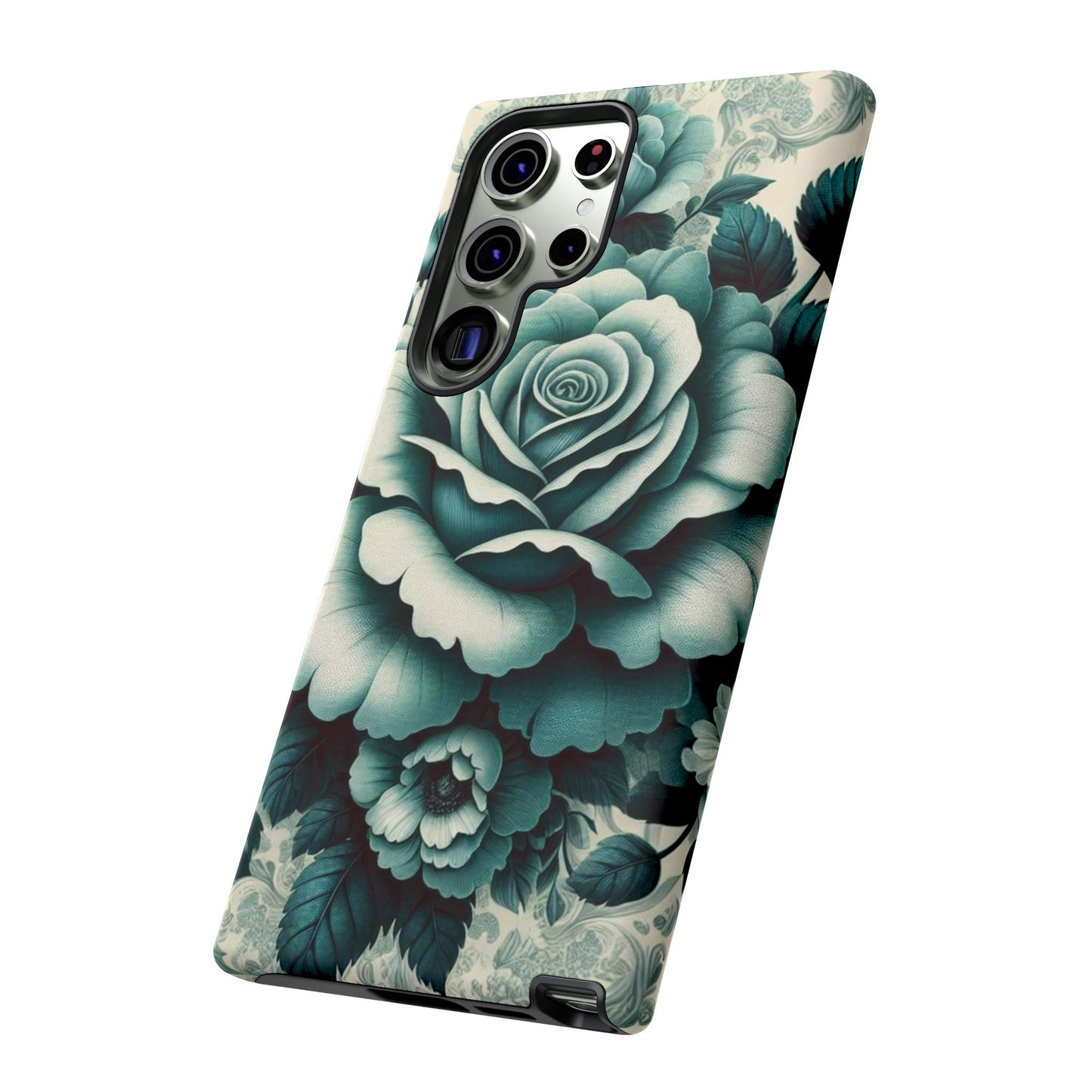 Elegant Floral Motif Phone Case - Tough Cases with Vintage Design - Teal Roses & Damask