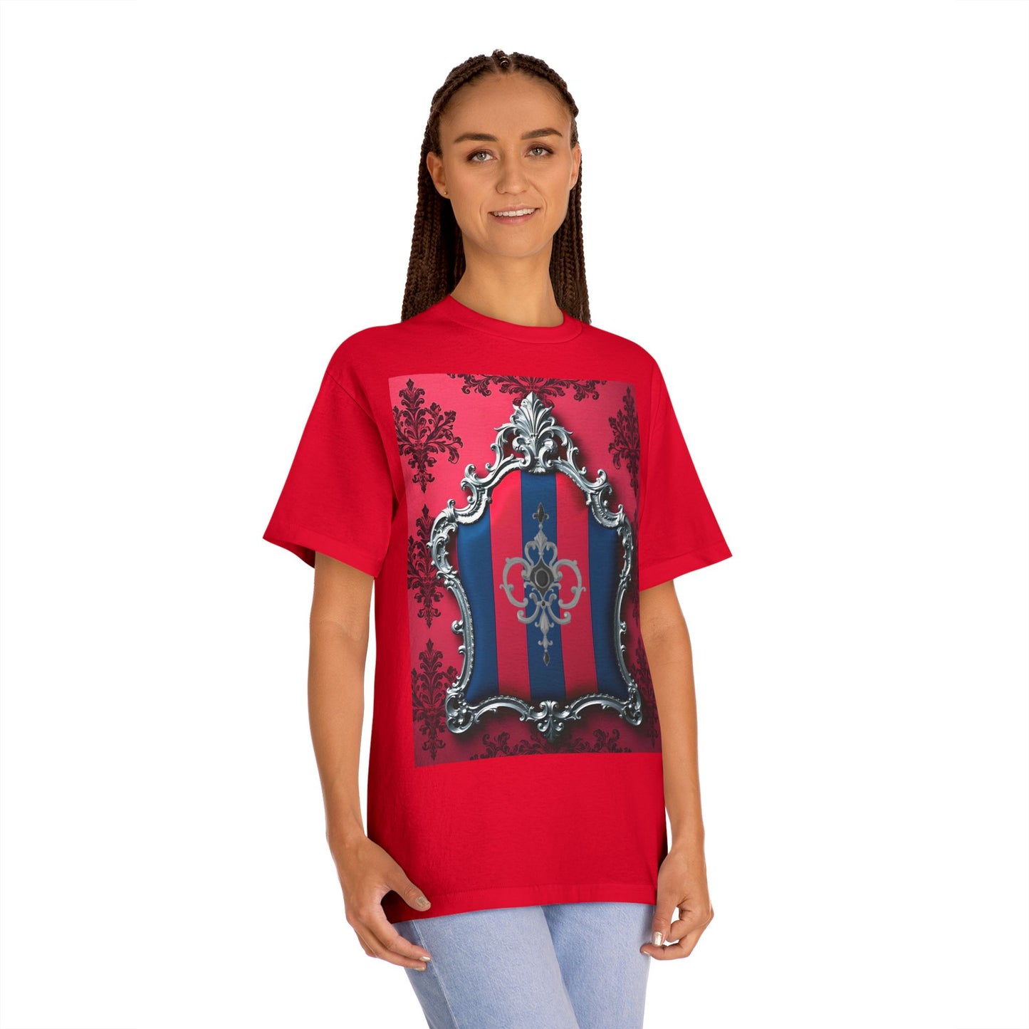 Vintage Couture Shield Unisex Classic Tee, Fashion T-Shirt, Gift for Fashion Lovers, Casual Wear, Unique Graphic Shirt - Blue & Red Striped Silver Crest