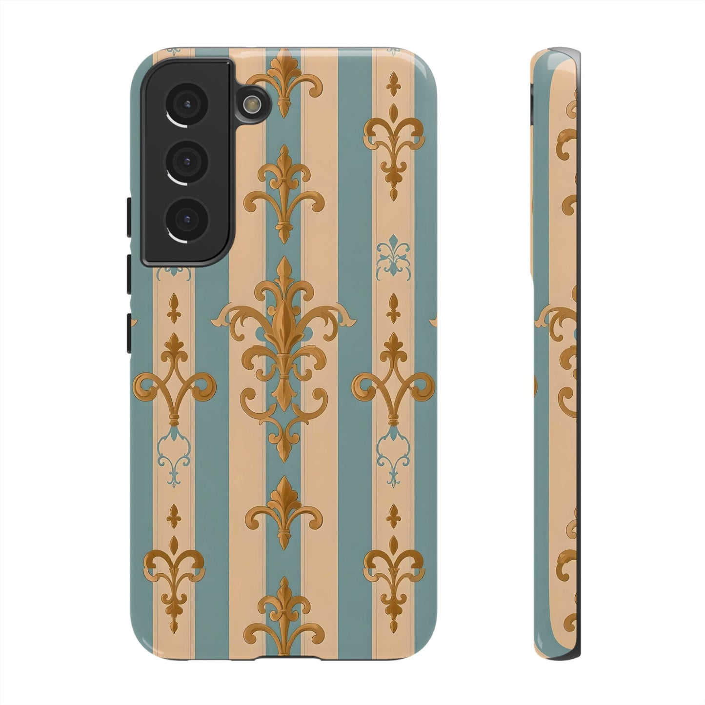 Elegant Floral Motif Phone Case - Tough Cases with Vintage Design -  Beige & Sky Blue Striped Gold Damask