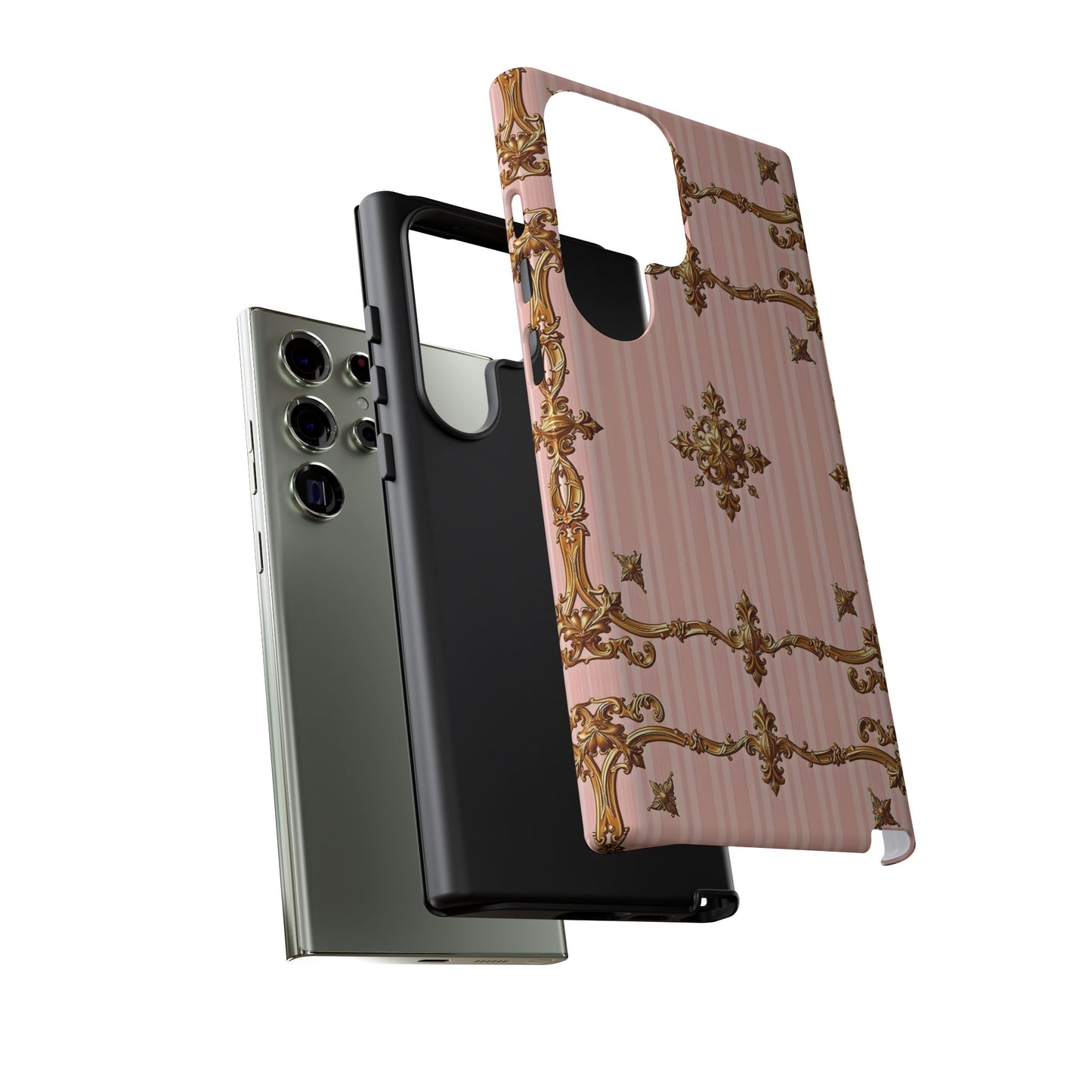 Elegant Floral Phone Case, Tough Cases for Women, Trendy Phone Cover, Chic Gift - Pink Striped Gold Baroque